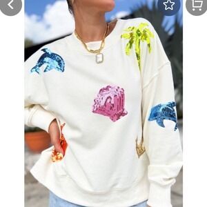 White Birch Cream Sequin Dolphin Palm Tree Pineapple Anchor Sweatshirt Women's M